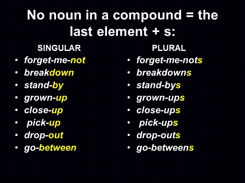No noun in a compound = the last element + s:   